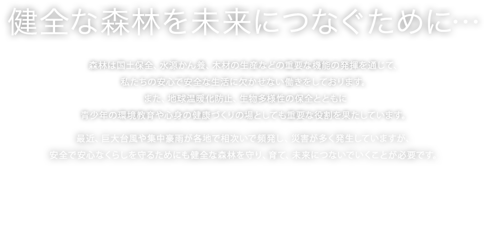 健全な森林を未来につなぐために…
                森林は国土保全、水源かん養、木材の生産などの重要な機能の発揮を通じて、
                私たちの安心で安全な生活に欠かせない働きをしております。
                また、地球温暖化防止、生物多様性の保全とともに
                青少年の環境教育や心身の健康づくりの場としても重要な役割を果たしています。
                最近、巨大台風や集中豪雨が各地で相次いで頻発し、災害が多く発生していますが、
                安全で安心なくらしを守るためにも健全な森林を守り、育て、未来につないでいくことが必要です。