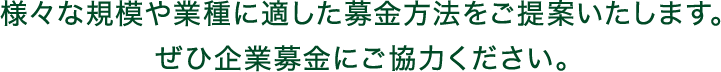 様々な規模や業種に適した募金方法をご提案いたします。ぜひ企業募金にご協力ください。